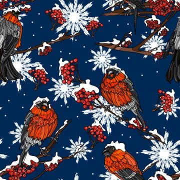 Seamless pattern with bullfinches on the branches. Stock Illustration
