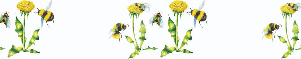 Seamless pattern of bumblebees and dandelions, watercolor Stock Illustration
