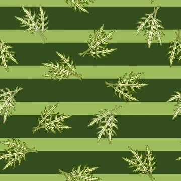 Seamless pattern bunch arugula salad on stripes green background. Modern orna Stock Illustration