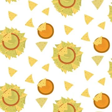 Seamless pattern with bunch of colorful corn chips and various sauces in cartoon Illustrazione stock