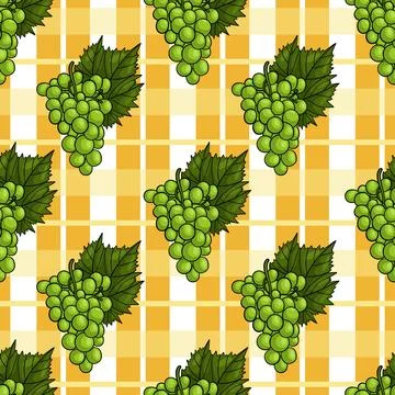 Seamless pattern with bunch green grapes with leaf on checkered background... Stock Illustration
