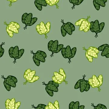 Seamless pattern bunch spinach salad on pastel green background. Modern ornam Stock Illustration