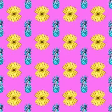 Seamless pattern of a bunch of yellow bananas and pineapples on a pink Stock Illustration