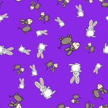 Seamless pattern of bunnies and donkeys in cartoon style. Stock Illustration
