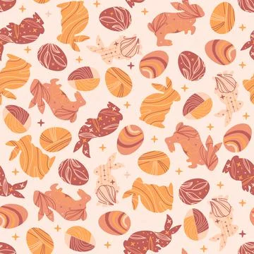 Seamless pattern with bunnies and eggs on beige background for Easter design Stock Illustration