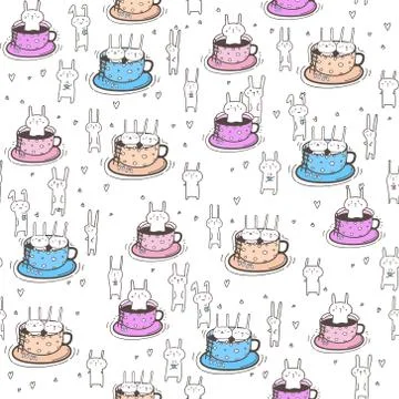 Seamless pattern bunnies in the cup. Vector illustration. Stock Illustration