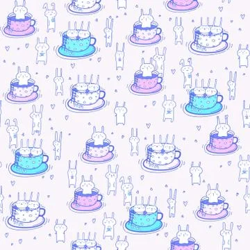 Seamless pattern bunnies in the cup. Vector illustration. Stock Illustration