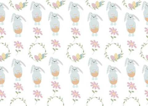 Seamless pattern with bunnies, easter wreath and flowers on white background. 스톡 일러스트