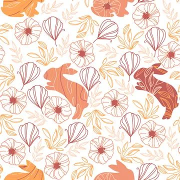 Seamless pattern with bunnies, leaves and flowers in boho style for Easter Stock Illustration