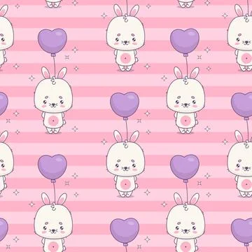 Seamless pattern with bunny with balloon on pink background. Cute kawaii animal Stock Illustration