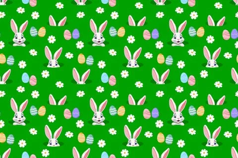 Seamless pattern with bunny, Easter eggs and daisy flowers. Cute cartoon ch.. Stock Illustration