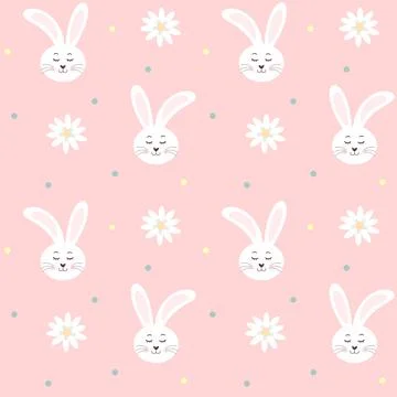Seamless pattern with bunny head and chamomiles on pink background. Great for Stock Illustration