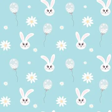 Seamless pattern with bunny head, balloon and chamomiles on blue background.  Stock Illustration