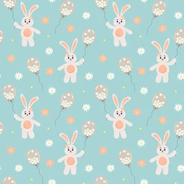 Seamless pattern with bunny holding a balloon full of chamomiles and flowers. Stock Illustration