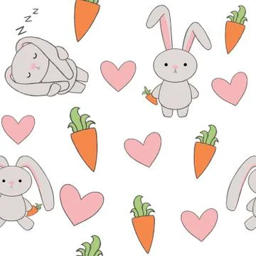 Seamless pattern bunny holding a carrot and sleeping rabbit. Ilustración de archivo