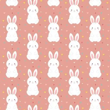 Seamless pattern with bunny rabbit cartoons, cute colorful hearts, vector Stockillustratie