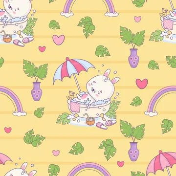 Seamless pattern with bunny rests in bubble bath under sun umbrella on yellow Stock Illustration