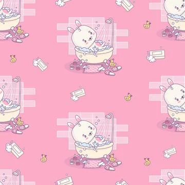 Seamless pattern with bunny rests in bubble bath in bathroom on pink backgr.. Stock Illustration