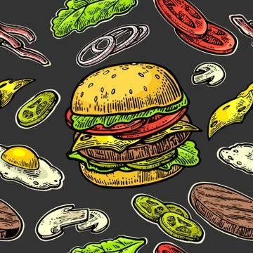 Seamless pattern burger and ingredients include cutlet, tomato, cucumber and  Illustrazione stock