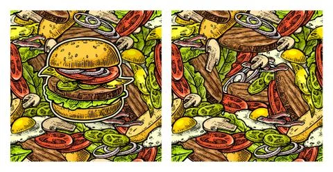 Seamless pattern burger and ingredients include cutlet, tomato, cucumber an.. Stock Illustration