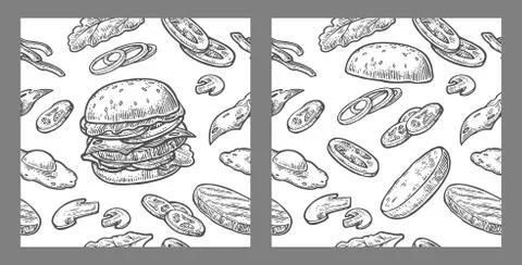 Seamless pattern burger include cutlet, tomato, cucumber and salad. Illustrazione stock