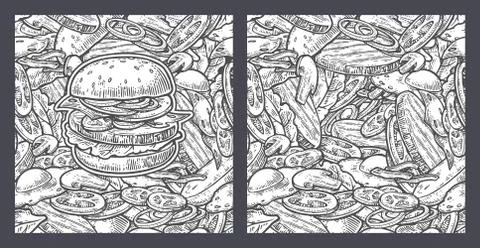 Seamless pattern burger include cutlet, tomato, cucumber and salad. Illustrazione stock