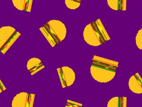 Seamless pattern with burgers in pixel art style. Pixel cheeseburgers and h.. Stock Illustration