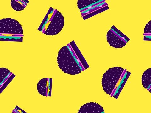 Seamless pattern with burgers in pixel art style. Pixel cheeseburgers and h.. Stock Illustration