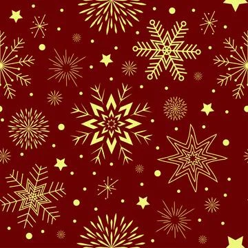 Seamless pattern on a burgundy background yellow snowflakes Stock Illustration
