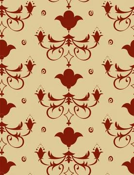 Seamless pattern with burgundy stylized flowers and leaves, reminiscent of .. Stock Illustration