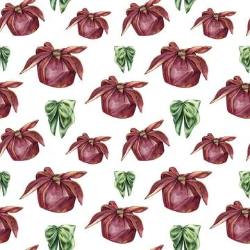 Seamless pattern with burgundy textile gift box, bow knot on white. Watercolor Stock Illustration