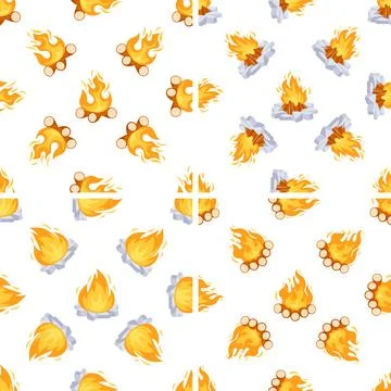 Seamless pattern with burning bonfire made of logs and stones burning bonfire Stock-Illustration