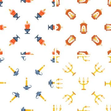 Seamless pattern with burning candles, candle holders, lanterns, and candelabras Иллюстрация