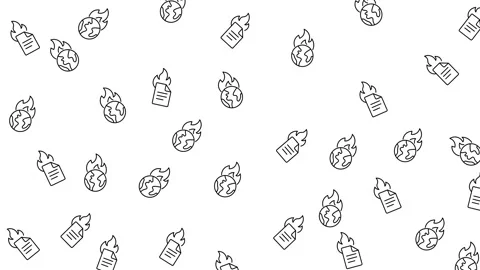 Seamless Pattern of Burning Houses and Exploding Lithium Battery Icons on White Stock Footage 345539332
