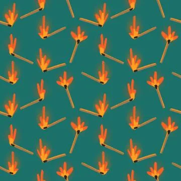 Seamless pattern with burning matches on the green background Stock Illustration