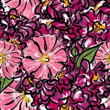 Seamless pattern. Bush rose with mallow. In the style of illustration sketch by Stock Illustration
