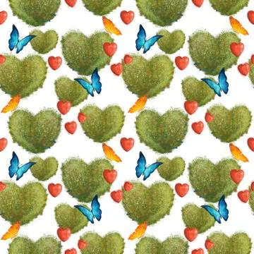 Seamless pattern with bushes in the form of hearts and butterflies. On a wight Stock Illustration