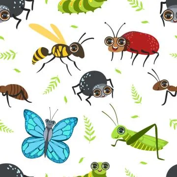 Seamless Pattern with Butterflies and Beetles, Bug, Grasshopper, Caterpillar Stock Illustration