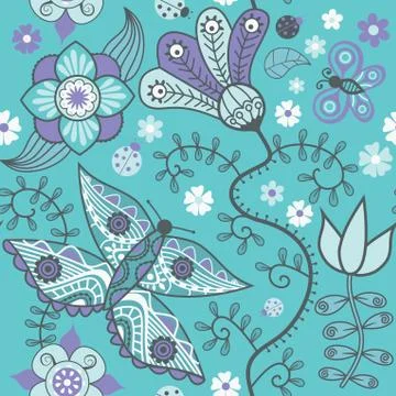 Seamless pattern with butterflies and flowers. Stock Illustration