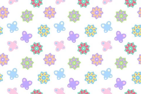 Seamless Pattern of Butterflies and Geometric Flowers 스톡 일러스트