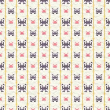 Seamless pattern with butterflies and vertical lines on paper Stock Illustration