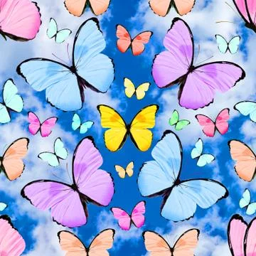 Seamless pattern with butterflies on a background of blue sky with clouds Stock Photos