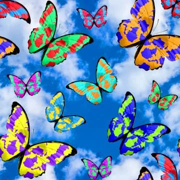 Seamless pattern with butterflies on a background of blue sky with clouds Stock Photos