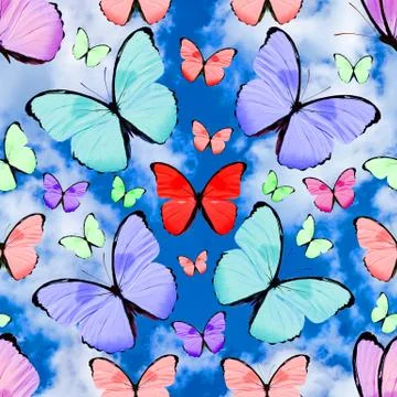 Seamless pattern with butterflies on a background of blue sky with clouds Stock Photos