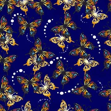 Seamless pattern of butterflies on a blue background Stock Illustration
