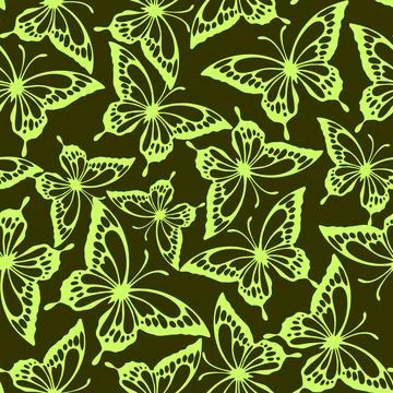Seamless pattern of butterflies olive contours on a green background, textu.. Stock Illustration