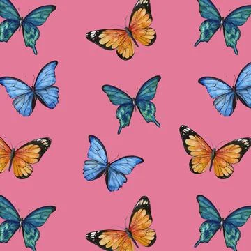 Seamless pattern of butterflies on a peach pink background Stock Illustration
