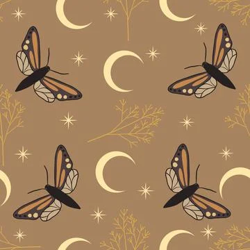 Seamless pattern with butterflies, plants, moon, stars. Stock Illustration