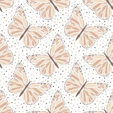 Seamless pattern with butterflies on polka dots background. Illustrazione stock