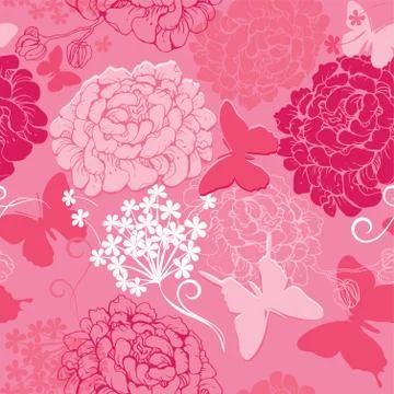 Seamless pattern with butterflies silhouettes and hand drawn flowers - abstra Stock Illustration